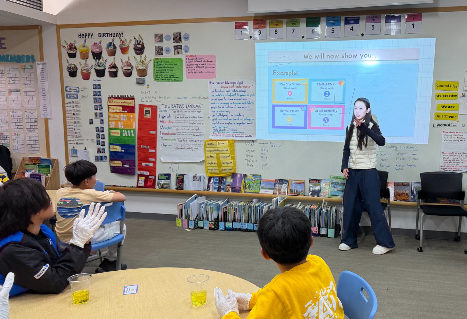 Grace presenting the Blue Not Flu activity to Grade 4 students