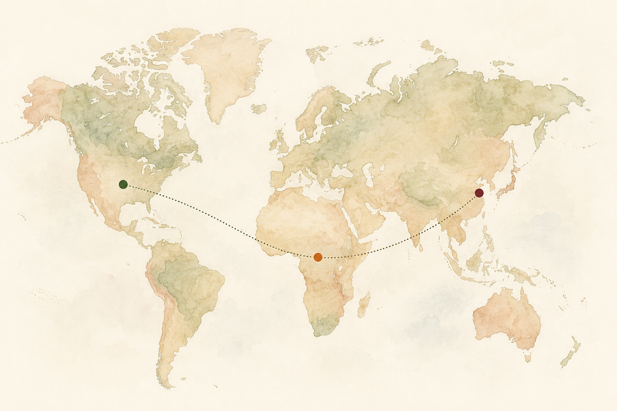 Watercolor world map connecting service in North America, Africa, and East Asia